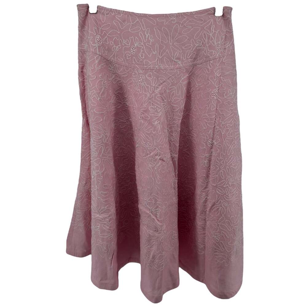 Ann Trinity Linen Skirt Knee Length Floral Stitch Textured A Line Pink 6 30 NWOT